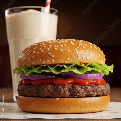 A classic diner-style burger with a single beef patty, fresh iceberg lettuce, red onion slices, and ketchup, served with a milkshake in the background. photo