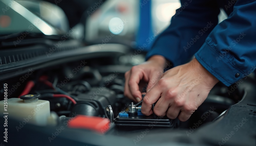 Car mechanic repairs battery in auto shop. Technician checks electrical system. Car maintenance service, diagnostics in garage. Man works on vehicle engine, uses tool, inspects auto. Car mechanic repairs battery in auto shop. Technician checks electrical system. Car maintenance service, diagnostics in garage. Man works on vehicle engine, uses tool, inspects auto.