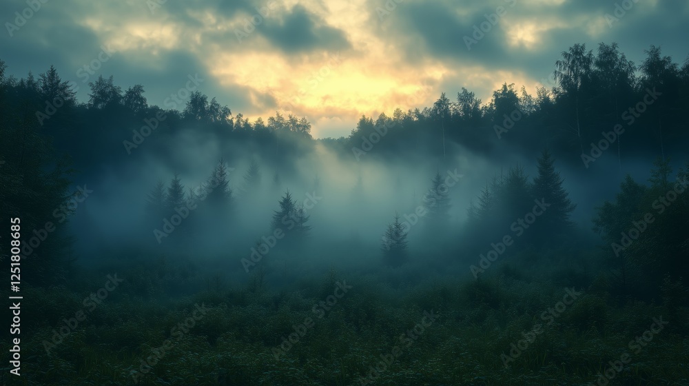 Ethereal Misty Forest with Layers of Fog and Silhouetted Trees Ethereal Misty Forest with Layers of Fog and Silhouetted Trees