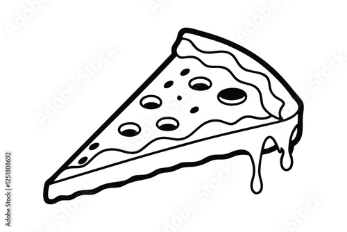 Line art drawing of a slice of pizza with melted cheese and a few toppings vector illustration.eps