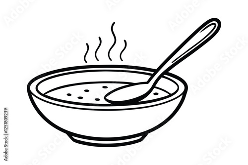 Line art drawing of a steaming bowl of soup with a spoon vector illustration.eps