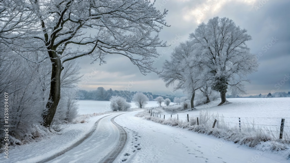Snowy path winding through a winter landscape Snowy path winding through a winter landscape