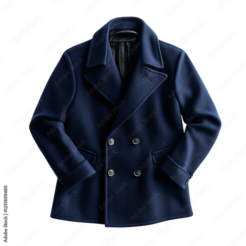 Deep Blue Wool Pea Coat with Wide Lapels and White Button Isolated on Transparent Background Deep Blue Wool Pea Coat with Wide Lapels and White Button Isolated on Transparent Background