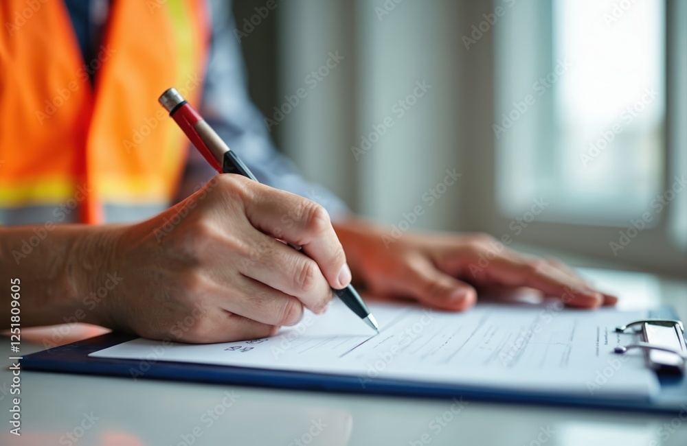 Close-up of worker writing on clipboard wearing safety vest. Man in orange hi-viz vest fills checklist. Inspection, construction, paperwork, attention to detail, hazard prevention. Focus on Close-up of worker writing on clipboard wearing safety vest. Man in orange hi-viz vest fills checklist. Inspection, construction, paperwork, attention to detail, hazard prevention. Focus on