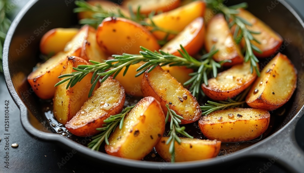 Close-up of golden-brown roasted potatoes, vibrant green rosemary sprigs in black pan. Crispy baked seasoned snack, side dish for tasty vegetarian dinner, vegan meal. Rustic comfort food for lunch. Close-up of golden-brown roasted potatoes, vibrant green rosemary sprigs in black pan. Crispy baked seasoned snack, side dish for tasty vegetarian dinner, vegan meal. Rustic comfort food for lunch.