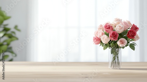 Elegant bouquet of pink and white roses in a glass vase on a wooden table, with a serene background.