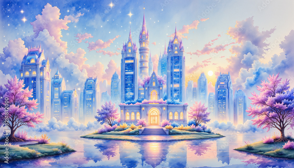 Naklejka premium Fantasy castle with colorful blooms reflecting in serene water, dreamscape