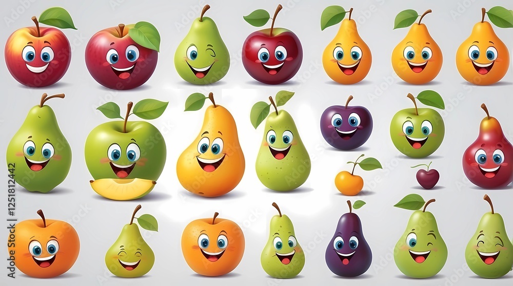 A collection of cartoon fruits with smiling faces A collection of cartoon fruits with smiling faces