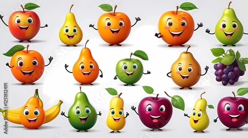 A collection of cartoon fruit characters, including apples, pears, bananas