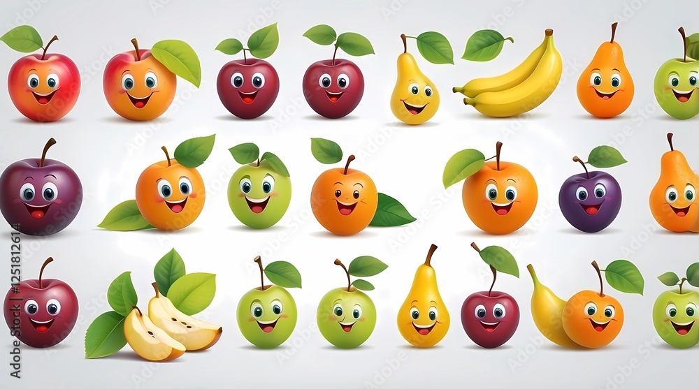 Fototapeta premium A row of cartoon fruits with smiling faces