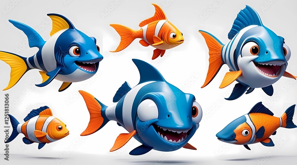 Naklejka premium A group of cartoon fish with one of them having a shark fin