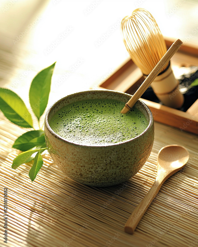 Elegant Matcha Tea Ceremony Arrangement with Organic Elements, Minimalist Aesthetic, and Airy Ambiance Elegant Matcha Tea Ceremony Arrangement with Organic Elements, Minimalist Aesthetic, and Airy Ambiance