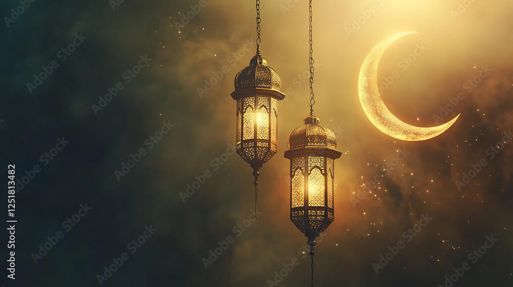 Golden Lanterns Hanging Against A Crescent Moon Night Sky Golden Lanterns Hanging Against A Crescent Moon Night Sky