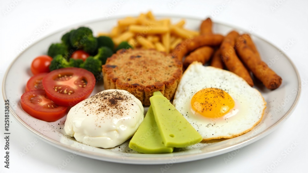 Delicious and Nutritious Breakfast Plate with Fried Egg, Veggie Burger, Poached Egg, and Avocado Delicious and Nutritious Breakfast Plate with Fried Egg, Veggie Burger, Poached Egg, and Avocado
