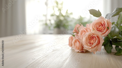 Soft pink roses on a wooden table, blurred plant background, natural light.