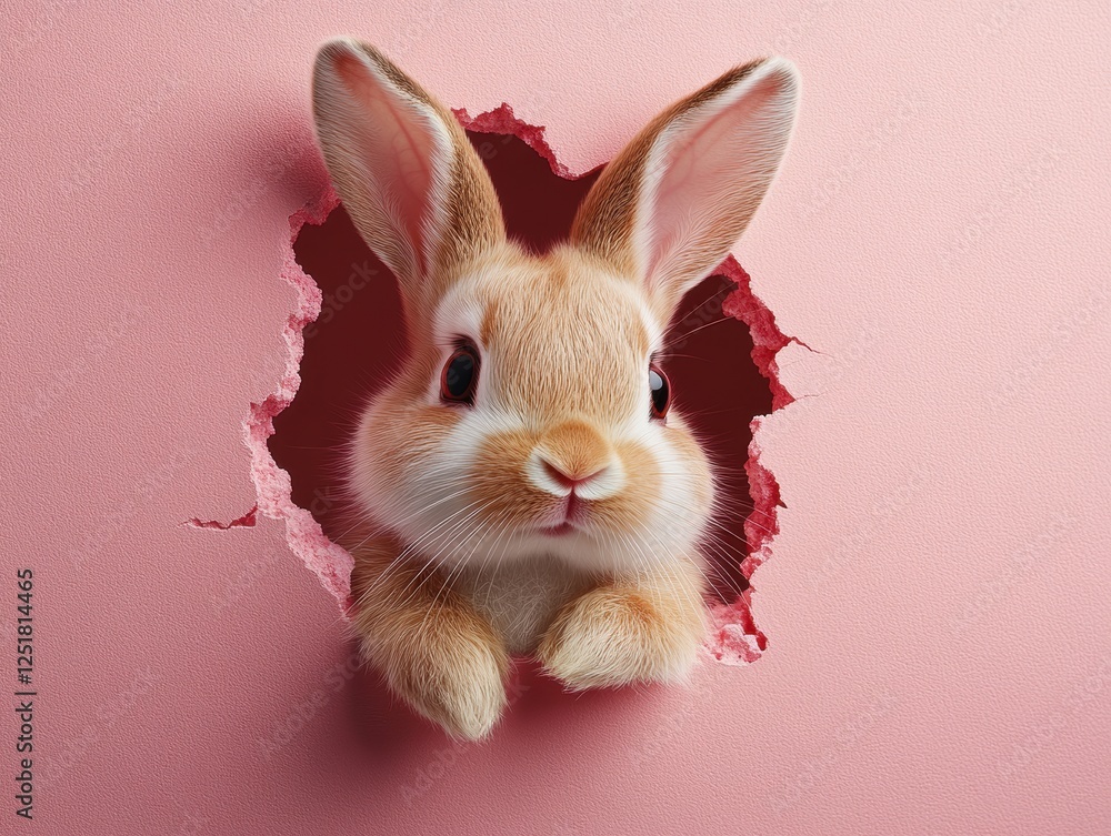 Obraz premium A cute rabbit peeking through a torn pink wall.