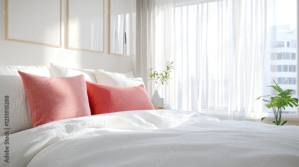 Bright bedroom interior with soft pink pillows and white bedding by a sunlit window. Bright bedroom interior with soft pink pillows and white bedding by a sunlit window.