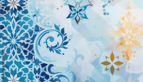 Abstract Mandala Design: Blue, Gold, and White Watercolor Floral Pattern