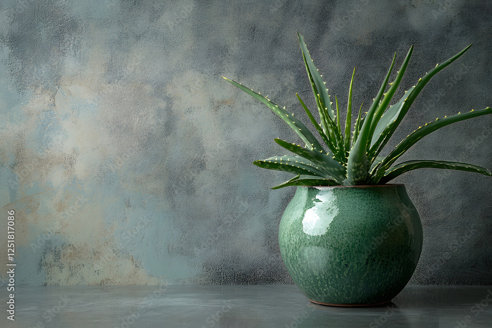 Aloe vera plant in a green ceramic pot on a table against a gray background with copy space Aloe vera plant in a green ceramic pot on a table against a gray background with copy space
