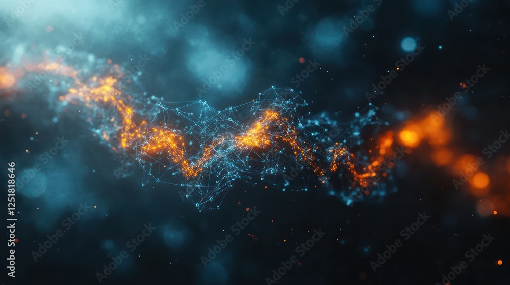 Fototapeta premium Abstract network flowing, blue-orange, bokeh background, digital art, tech