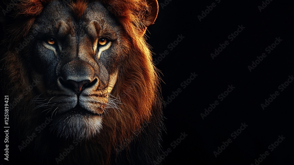 Fototapeta premium Majestic lion portrait, dark background, wildlife photography, animal print
