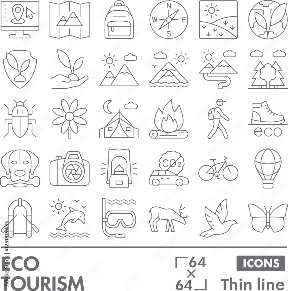 Fototapeta premium Eco tourism symbols collection or sketches. Traveling theme icons in thin line style signs for web and app. Vector graphics isolated on white background.