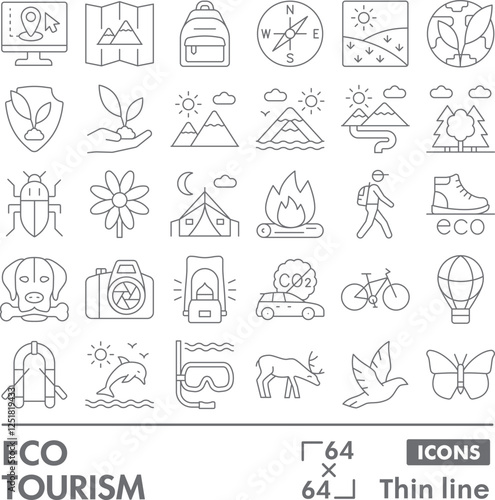 Eco tourism symbols collection or sketches. Traveling theme icons in thin line style signs for web and app. Vector graphics isolated on white background.