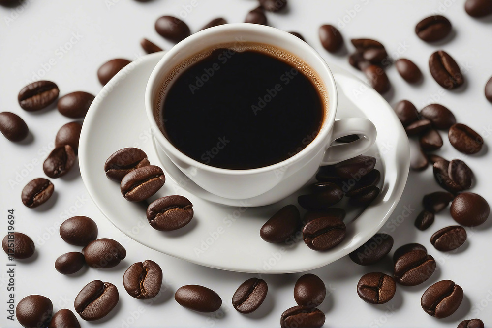Obraz premium A professional photograph featuring premium coffee beans and a coffee cup, elegantly presented on a white background. Generative AI.