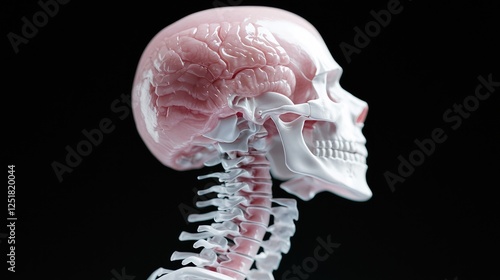 Human skull and brain anatomy, side view, black background, medical illustration