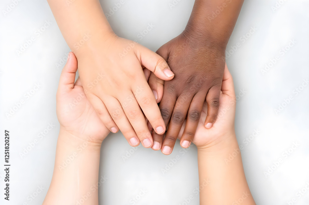 Close-up of diverse hands joined together, symbolizing unity, support, and collaboration for concepts related to teamwork, diversity, or social connection Close-up of diverse hands joined together, symbolizing unity, support, and collaboration for concepts related to teamwork, diversity, or social connection