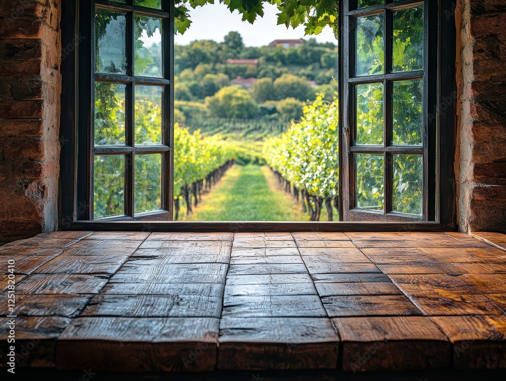 A picturesque vineyard view framed by open windows, inviting tranquility. A picturesque vineyard view framed by open windows, inviting tranquility.