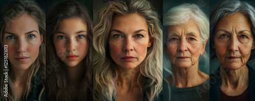 Aging process of women from teenager to senior, concept of aging, growing old, different generations