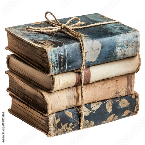 Decorative Book Stacks Wrapped in Vintage Paper Isolated on Transparent Background photo