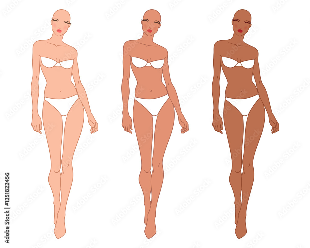 Eight-head fashion figure template. The female fashion croquis. Vector illustration of a young woman wearing lingerie, isolated on a white background. Eight-head fashion figure template. The female fashion croquis. Vector illustration of a young woman wearing lingerie, isolated on a white background.