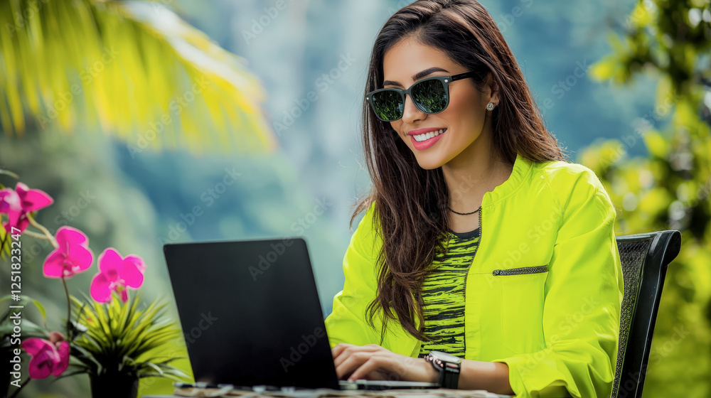 A stylish woman in sunglasses works on a laptop outdoors amidst lush greenery and vibrant flowers. A stylish woman in sunglasses works on a laptop outdoors amidst lush greenery and vibrant flowers.