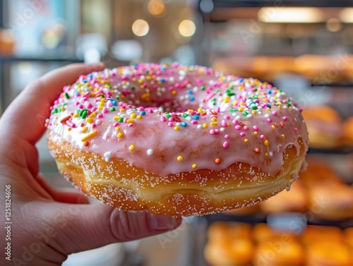 A close-up of a pink glazed donut with sprinkles held by a hand, creating a perfect dessert moment. photo