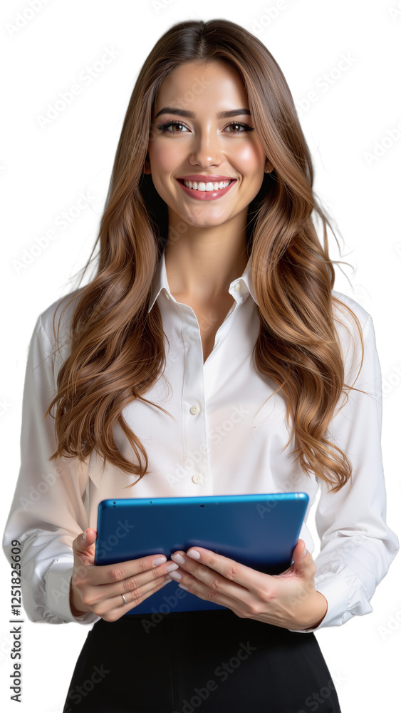 Confident Woman Holding a Digital Tablet, PNG format Confident Woman Holding a Digital Tablet, PNG format