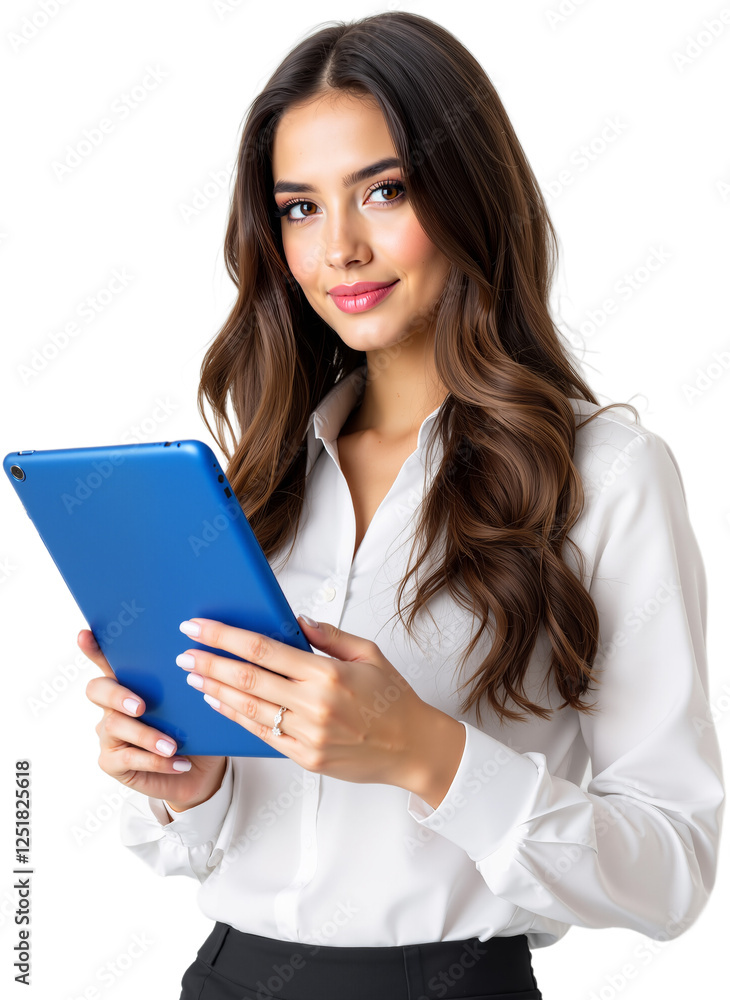 Confident Woman Holding a Digital Tablet, PNG format Confident Woman Holding a Digital Tablet, PNG format