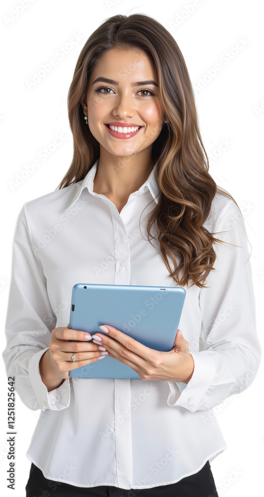 Confident Woman Holding a Digital Tablet, PNG format Confident Woman Holding a Digital Tablet, PNG format