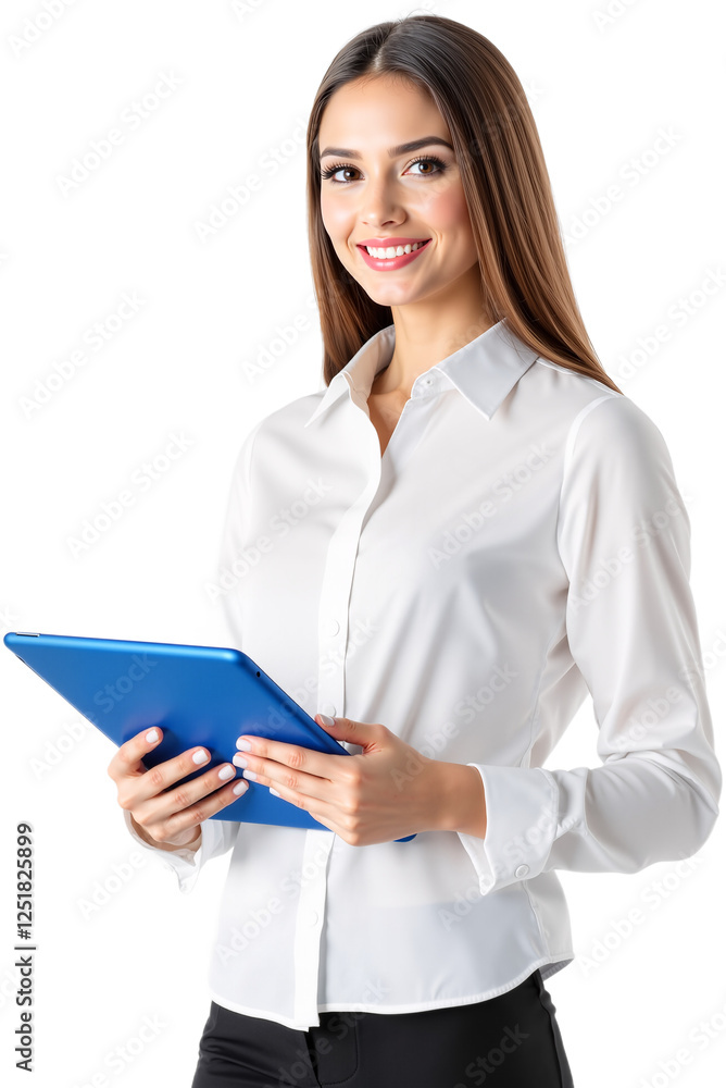 Confident Woman Holding a Digital Tablet, PNG format Confident Woman Holding a Digital Tablet, PNG format