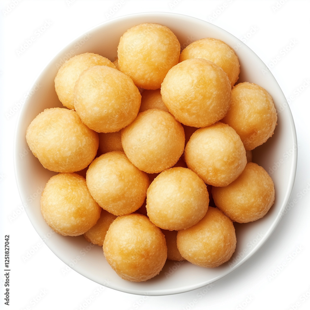 Overhead view of Loukoumades, isolated on white, photorealistic food Overhead view of Loukoumades, isolated on white, photorealistic food