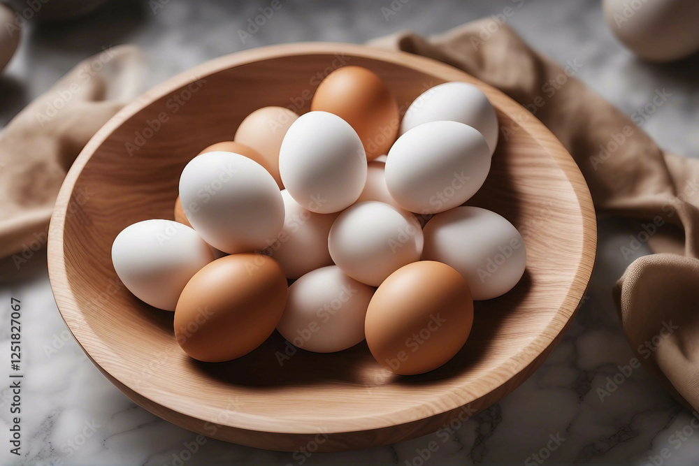 A Wooden Bowl Filled with Organic Raw Eggs, Elegantly Displayed on a Sleek Marble Surface. Generative AI A Wooden Bowl Filled with Organic Raw Eggs, Elegantly Displayed on a Sleek Marble Surface. Generative AI