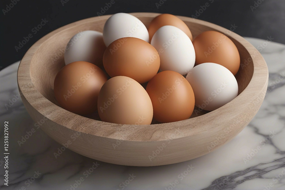 A Wooden Bowl Filled with Organic Raw Eggs, Elegantly Displayed on a Sleek Marble Surface. Generative AI A Wooden Bowl Filled with Organic Raw Eggs, Elegantly Displayed on a Sleek Marble Surface. Generative AI