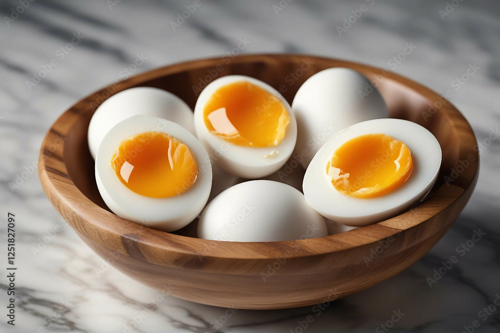 A Wooden Bowl Filled with Organic Raw Eggs, Elegantly Displayed on a Sleek Marble Surface. Generative AI A Wooden Bowl Filled with Organic Raw Eggs, Elegantly Displayed on a Sleek Marble Surface. Generative AI
