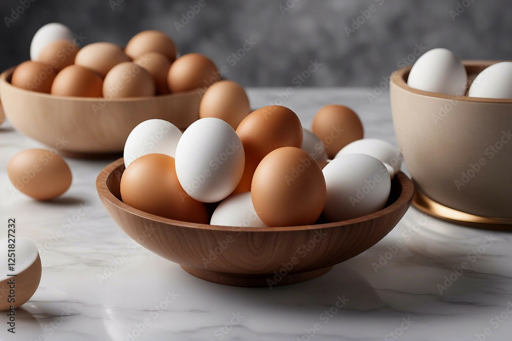 A Wooden Bowl Filled with Organic Raw Eggs, Elegantly Displayed on a Sleek Marble Surface. Generative AI A Wooden Bowl Filled with Organic Raw Eggs, Elegantly Displayed on a Sleek Marble Surface. Generative AI