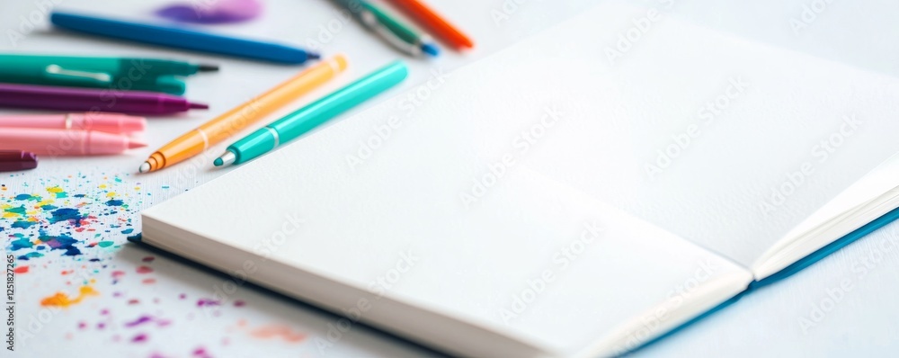 blank journal surrounded by colorful pens and art supplies, inviting creativity blank journal surrounded by colorful pens and art supplies, inviting creativity