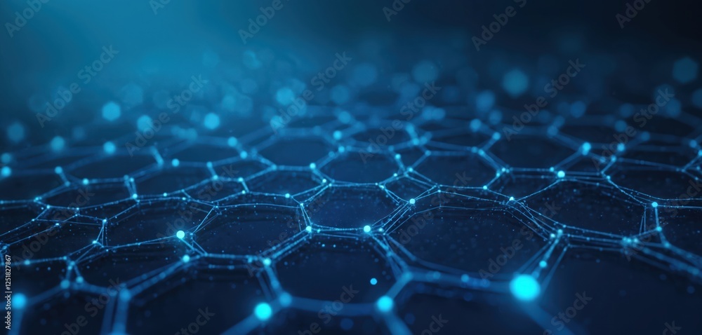 Obraz premium Blue tech background displays hexagons interconnected by lines. Visual represents futuristic network design. Suits digital artwork, business presentation tech solution innovation concept. Mobile,