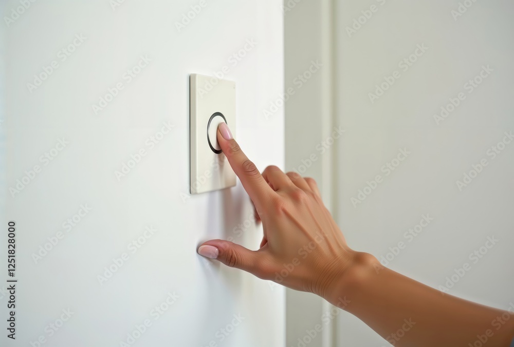 Woman ringing doorbell. Female finger presses the white doorbell button.