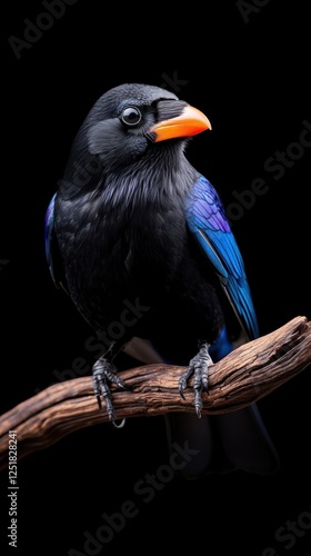 A vibrant blue and black bird with an orange beak perched on a dark branch against a black background.