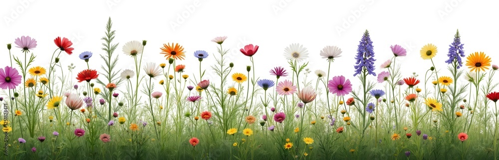 Fototapeta premium Wildflower meadow with native species on transparent background. Multicolored set of daisies, chamomile, blossoms in field, blooming during spring, summer. Diverse colorful floral field with blue
